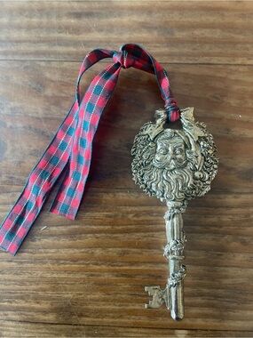 Vintage Christmas Metal Santa Key Ornament with Red Plaid Ribbon kids holiday